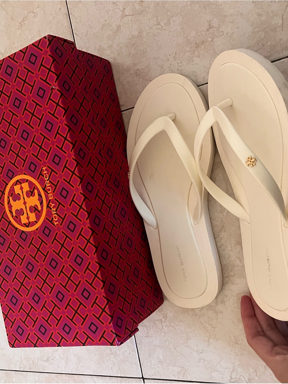 Tory Burch Ivory Logo Flip Flop Sandals